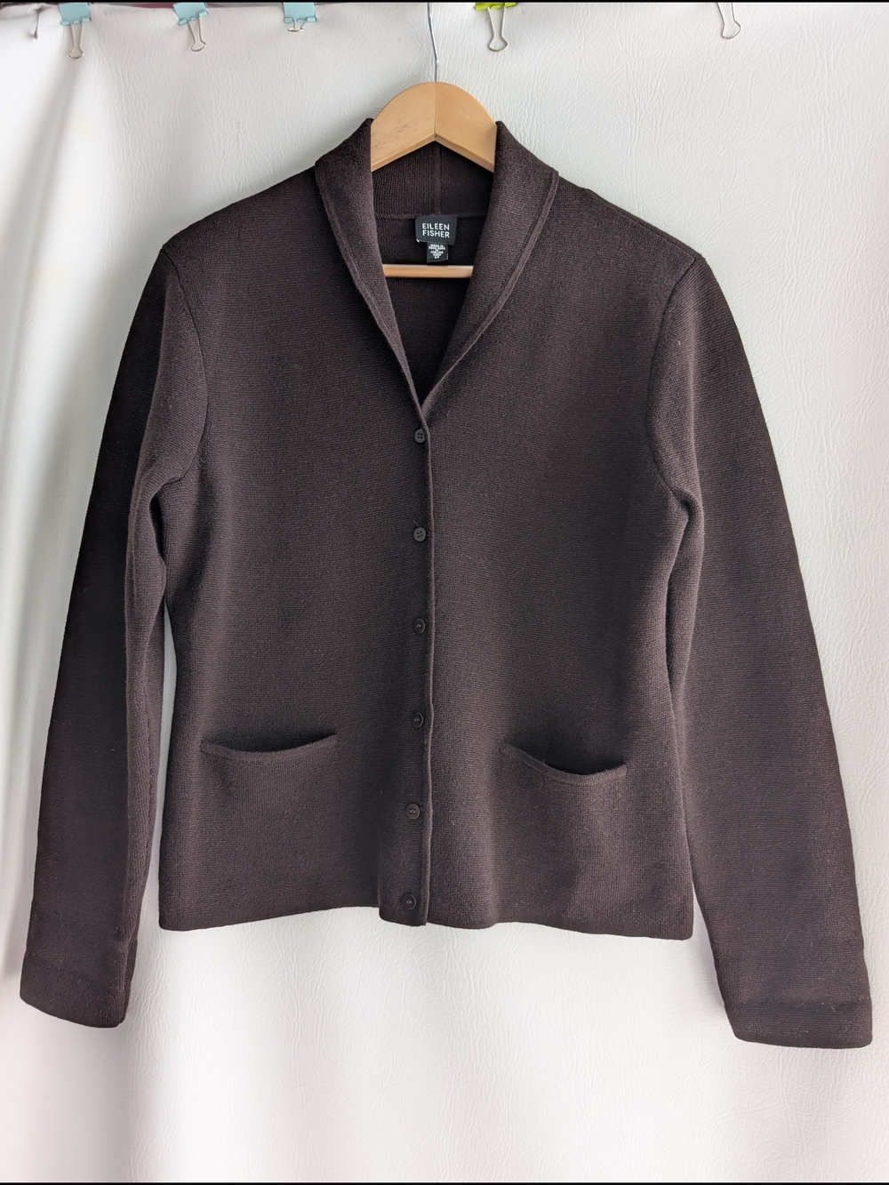 Eileen Fisher Dark Brown Wool Shawl Collar Knit Cardigan Sweater - M